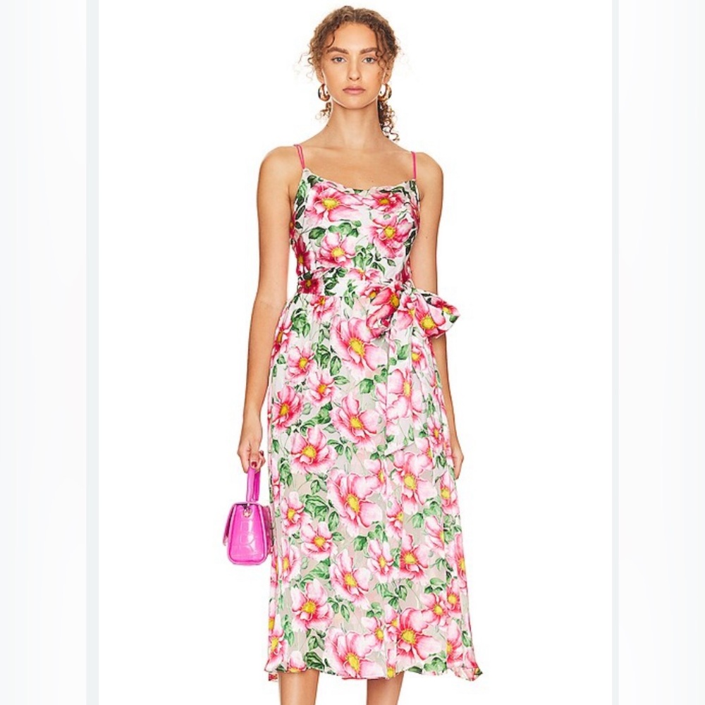 Alice + Olivia Samantha Cowl Neck Midi Dress in High Tea Floral Size 12